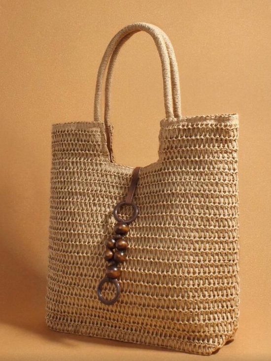 Handbags - Camel Woven Straw Tote Bag